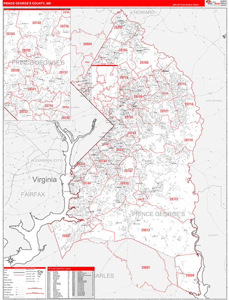 Prince George's County, MD Zip Code Wall Map
